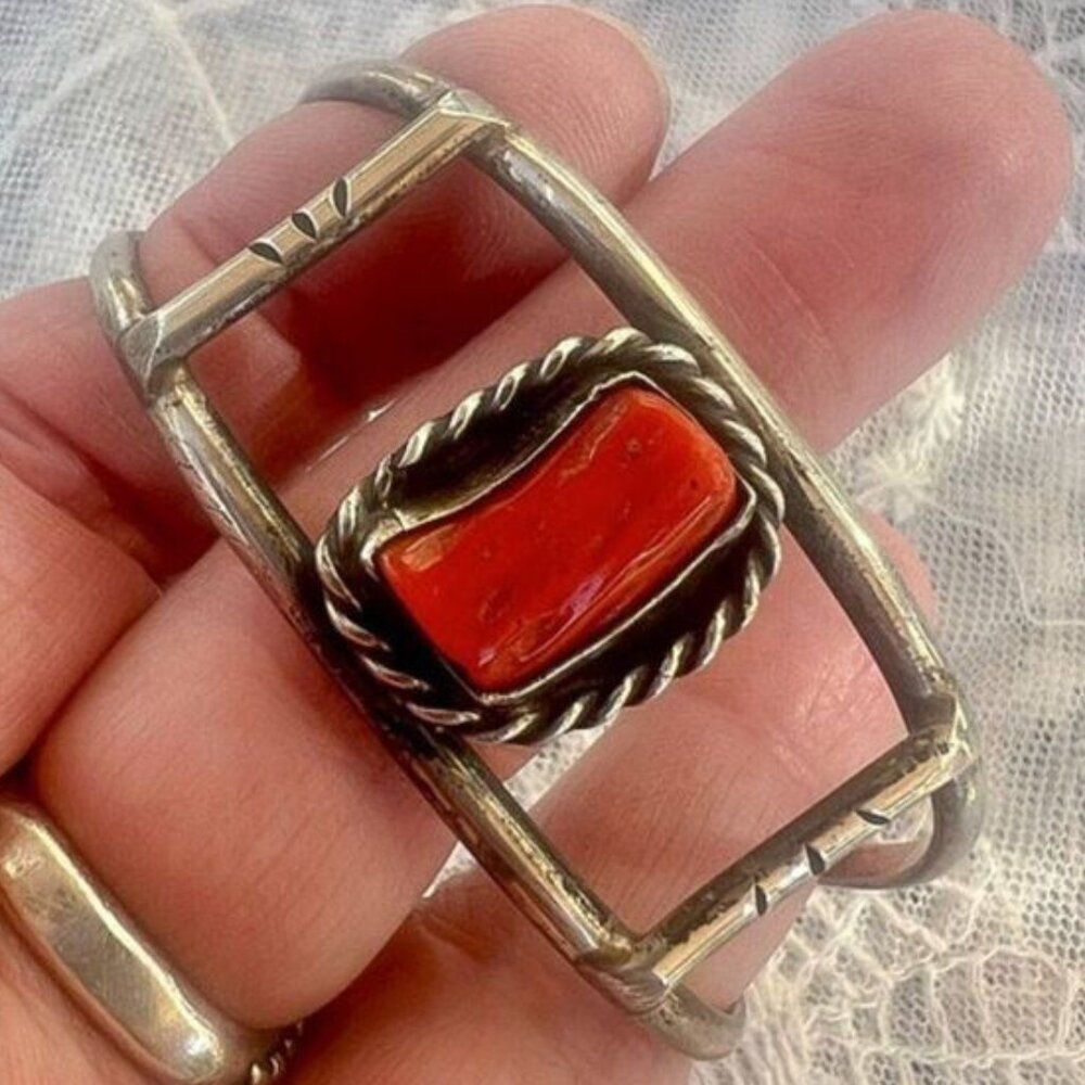 Vintage 60's/70's Handmade Red Coral Native Cuff - Picture 2 of 9